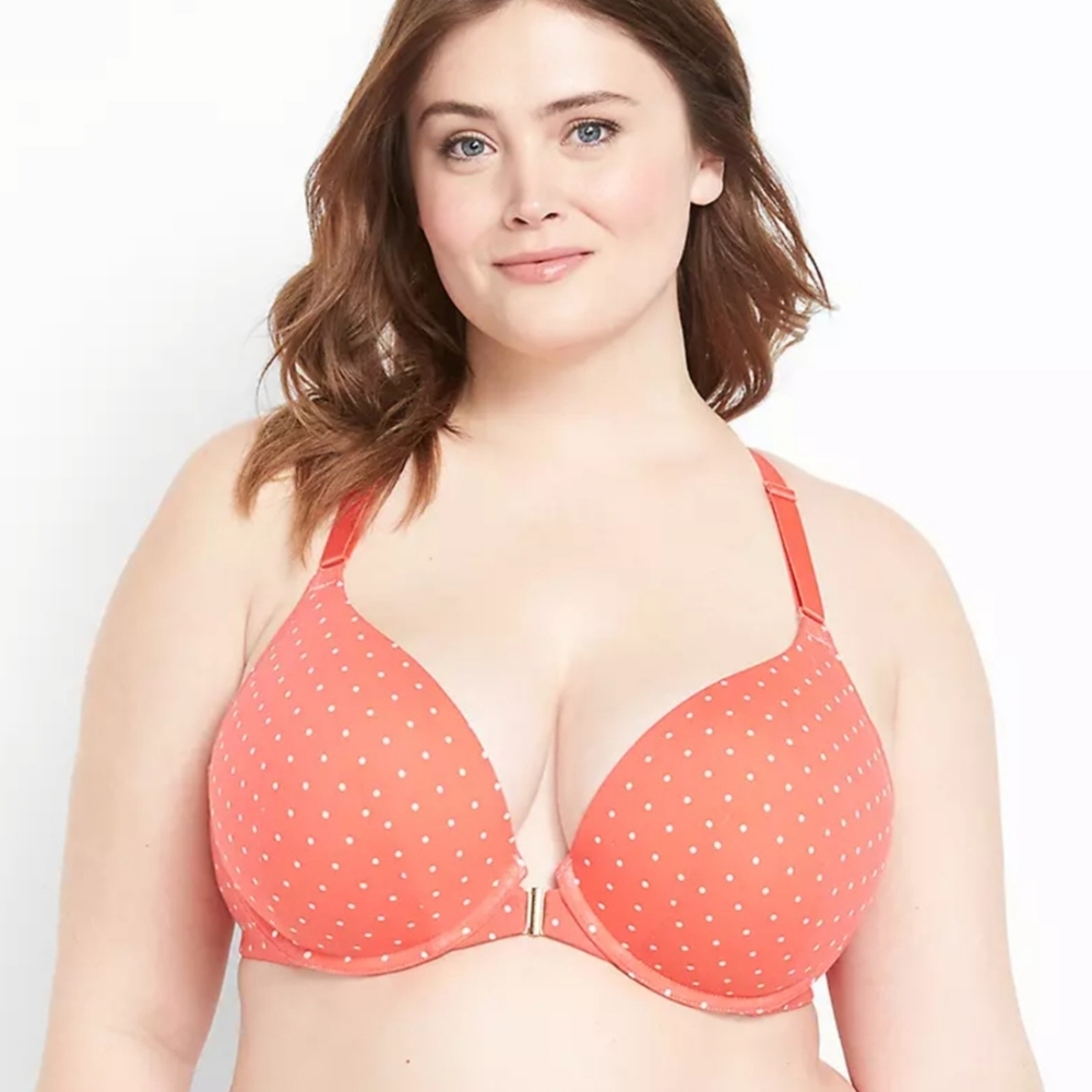 Cacique Coral Polka Dot Plunge Boost Front Closure Bra Size 38DDD‎